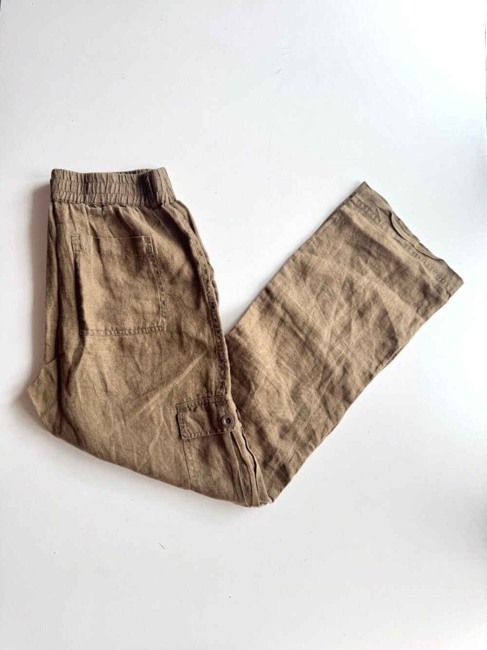 MICHAEL STARS Bobbi Olive Brown 100% Linen Straigt Leg Cargo Pants, Size S - Picture 2 of 8